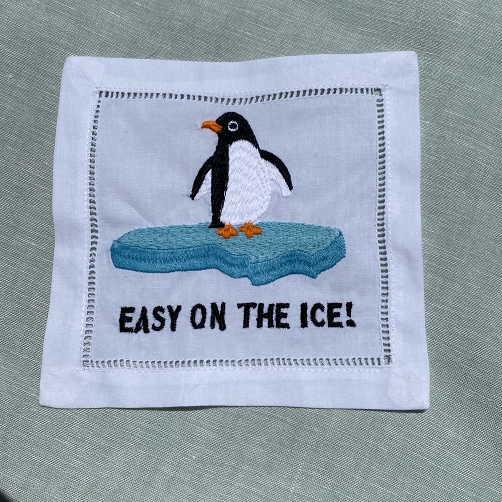Set of 4 August Morgan Easy on the Ice penguin embroidered 6" cocktail napkins - Picture 5 of 7